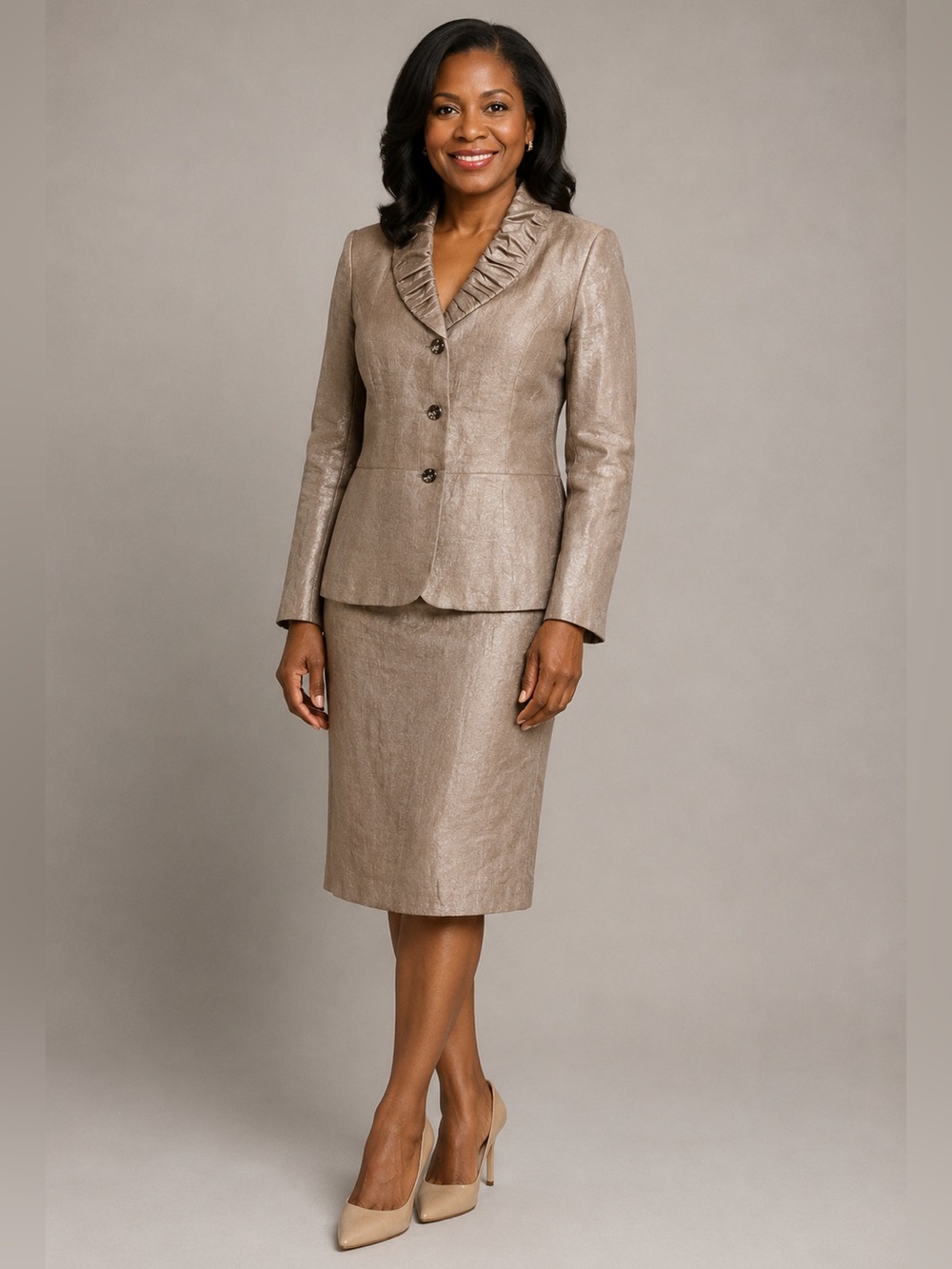 Kasper 2 Piece Tan Shimmer Skirt Suit Women's Sz 16